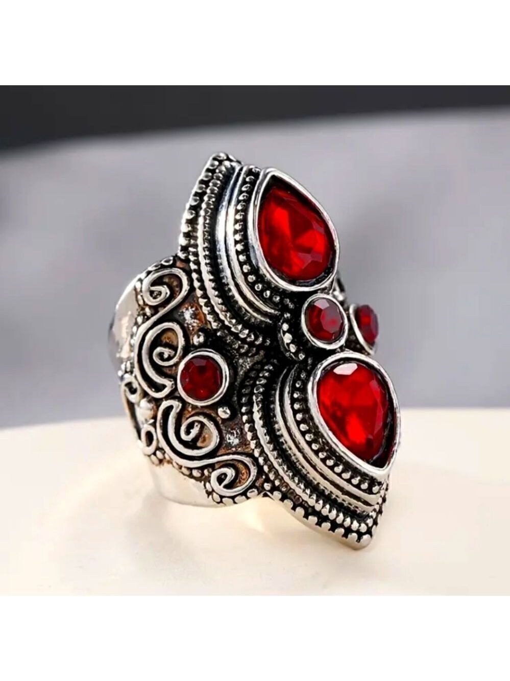 Silver Plated Bohemian Vintage Style Ring With Red Oval Lab Stone Exaggerated